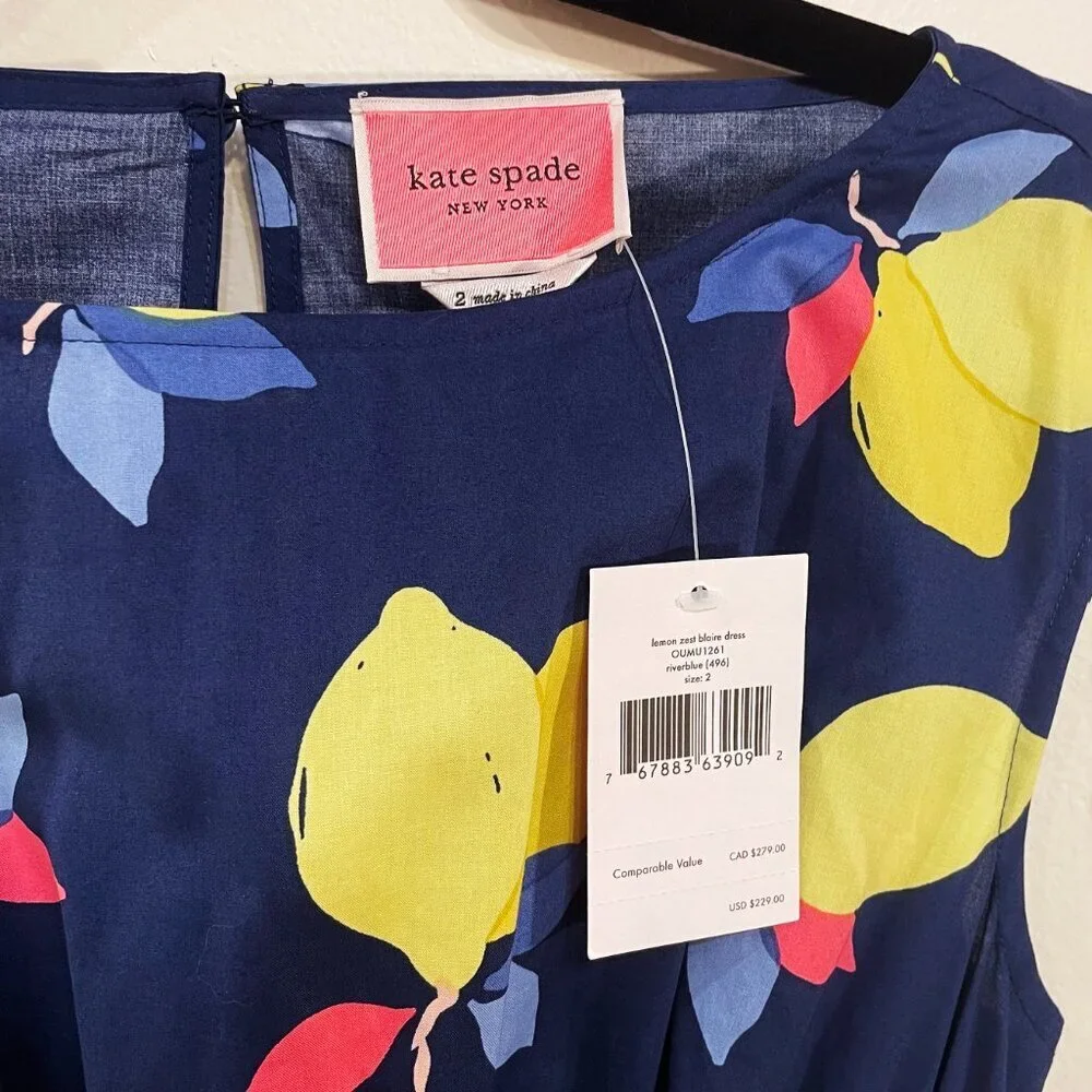 New Kate Spade Blaire Lemon Zest 100% Cotton Dress Navy 2, XS $229